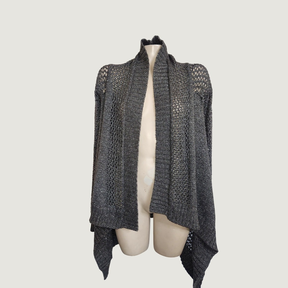 Rock & Republic Womens Metallic Silver Open Knit Waterfall Cardigan S Grey offic